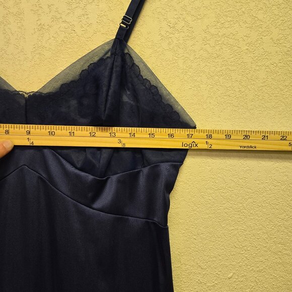 Vintage Navy Blue Lace Trim Satin Slip Gown Nightgown Adjustable Straps S - Picture 5 of 9